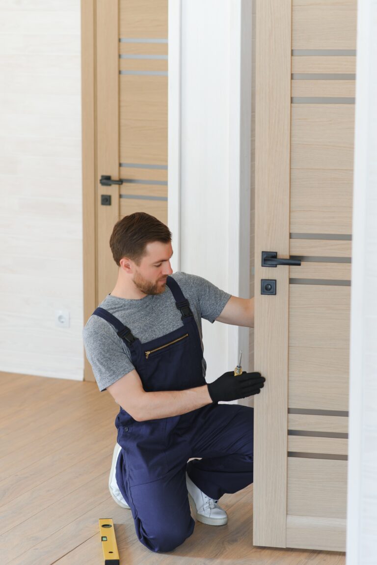 Young man fixing the door replacement in house.